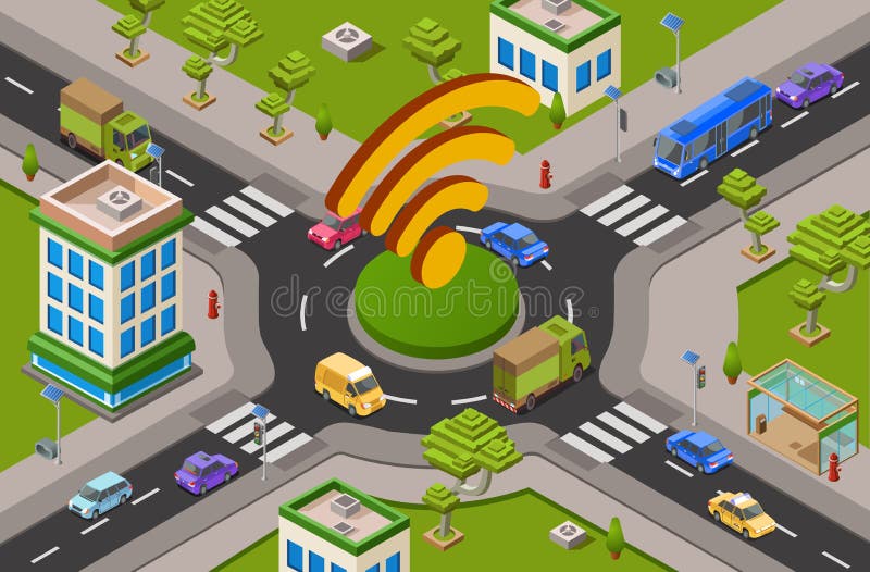 Smart city traffic and wifi on crossroad isometric 3D vector illustration of modern urban transport internet technology royalty free illustration Smart city traffic and wifi on crossroad isometric 3D vector illustration of modern urban transport internet technology royalty free illustration