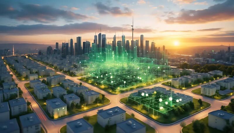 Smart Cityscape at Sunset with Green Network Overlay Connecting Buildings royalty free illustration