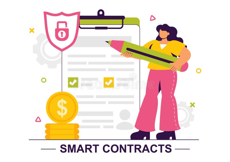 Smart Contract Vector Illustration featuring an Electronic Contract, Digital Document, and Online User Agreement with a Secure stock illustration