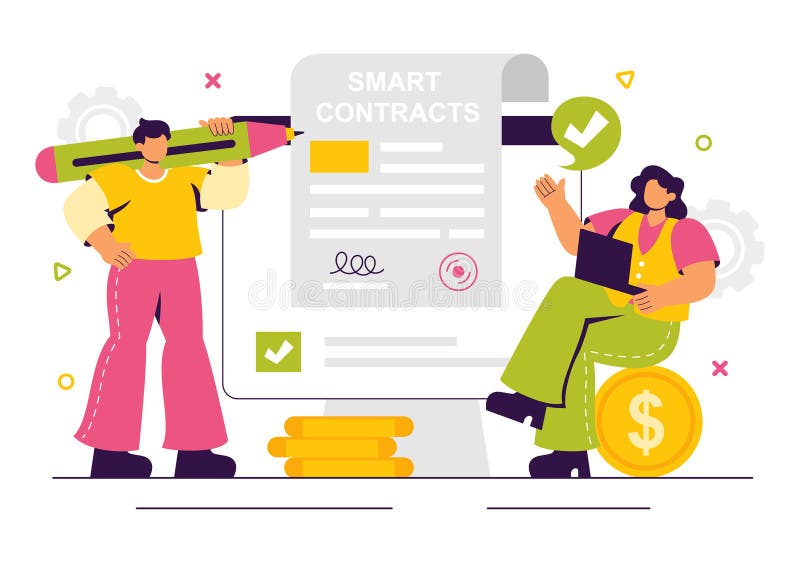 Smart Contract Vector Illustration featuring an Electronic Contract, Digital Document, and Online User Agreement with a Secure stock illustration