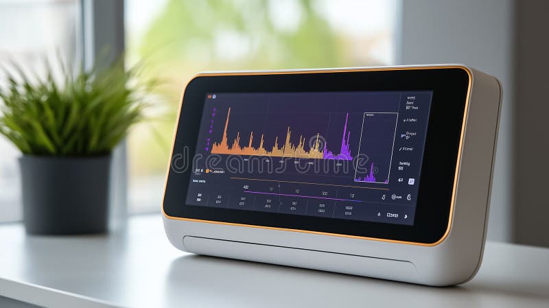 Smart display features vibrant data analysis with colorful graphs. Clean white sleek design complements green plant royalty free stock image