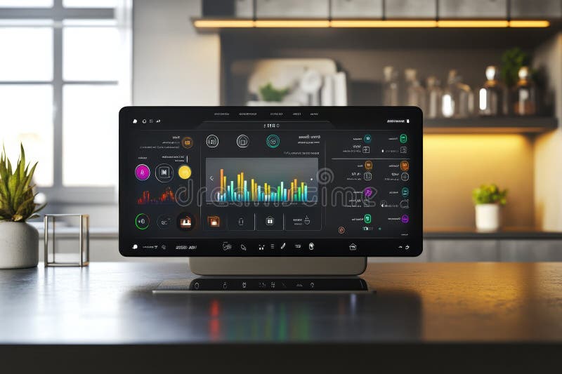Smart display showcasing interactive user interface in a modern kitchen setting royalty free stock photos