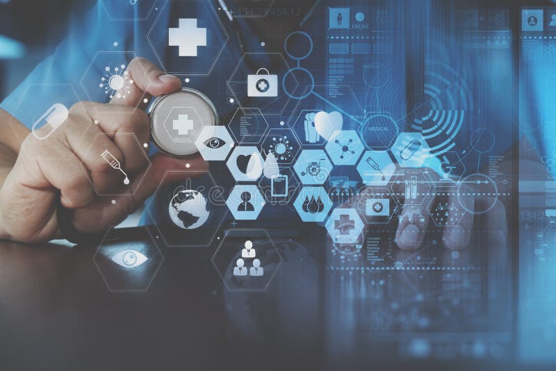 Smart doctor hand working with modern laptop computer in modern royalty free stock image