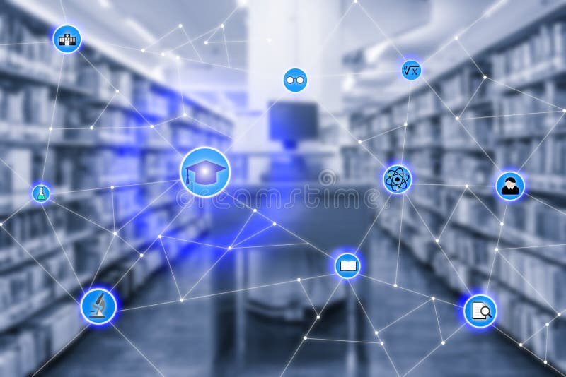 Smart education and education icon network conection withcomputer laptop in library room in background, abstract image visual, in royalty free stock images