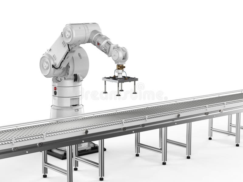 Smart factory concept with robot arms and empty conveyor line royalty free illustration