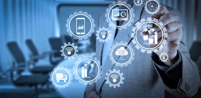 Smart factory and industry 4.0 and connected production robots exchanging data with internet of things IoT royalty free stock photos Smart factory and industry 4.0 and connected production robots exchanging data with internet of things IoT royalty free stock photos