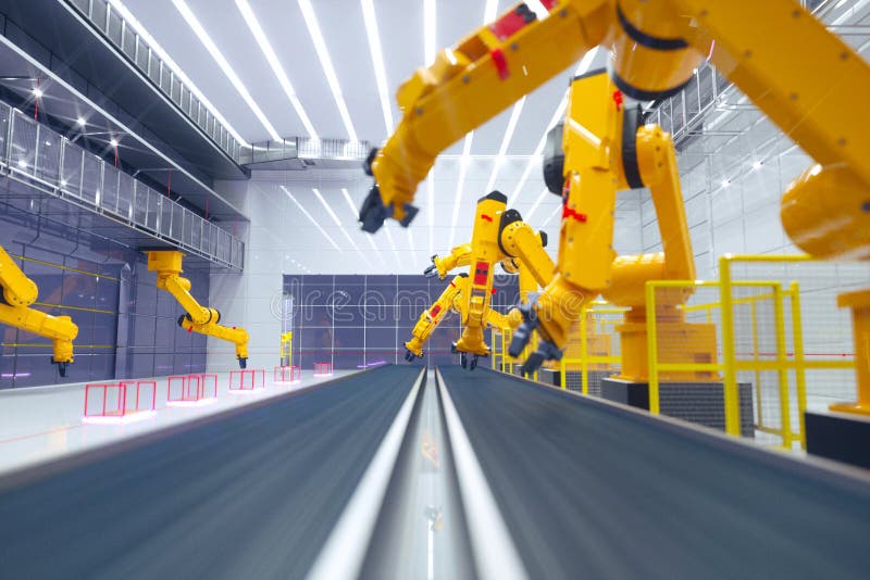 Smart factory, modern automated production plant with robot arms stock photography