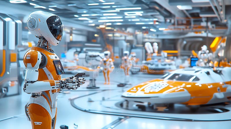 Smart factory with robotic workers, representing automated manufacturing royalty free illustration