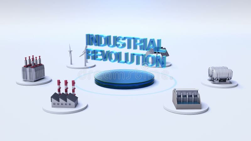 Smart Factory, solar panel, wind generator, Hydroelectricity connect Internet of things. INDUSTRIAL REVOLUTION` stock illustration