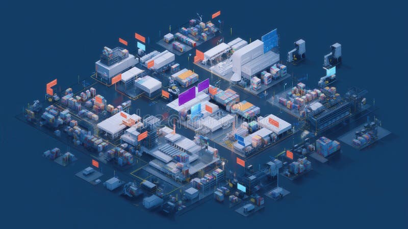 isometric 3D illustration of smart manufacturing facility with interconnected AI systems monitoring supply chain operations in blue and orange