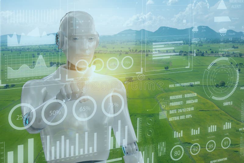 Smart farm, agriculture concept, artificial intelligence ai robot use ugmented mixed virtual reality deep, machine learning, digit stock photo