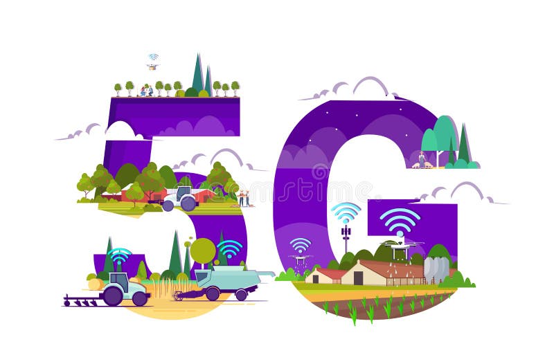 Smart farm with drones tractors combine harvester 5g wireless internet connection automation farming concept innovation stock illustration