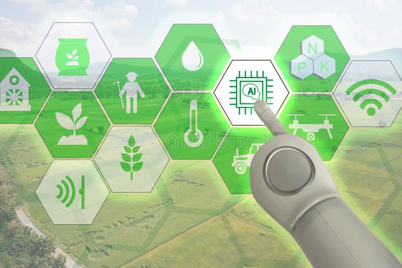 Smart farming,industrial agriculture concept with artificial intelligenceai. Smart Farmer use robot and augmented reality techn royalty free stock photography