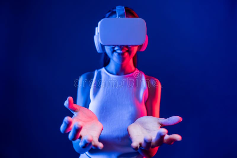 Smart female use both hands interacting generated virtual object. Hallucination. royalty free stock photo