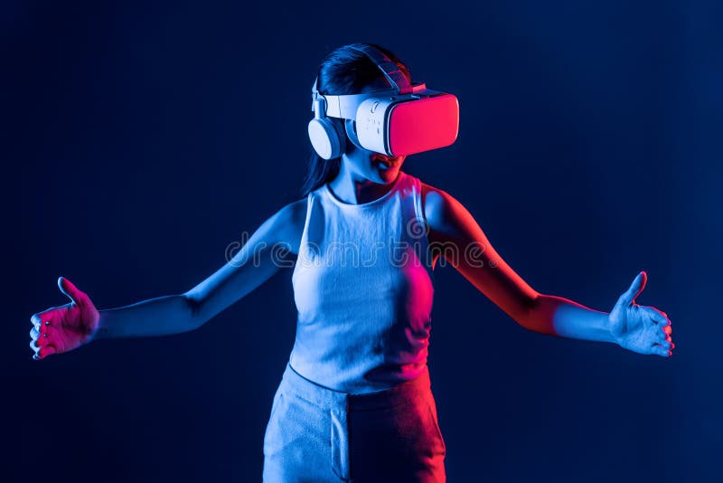 Smart female use both hands interacting generated virtual object. Hallucination. stock photography