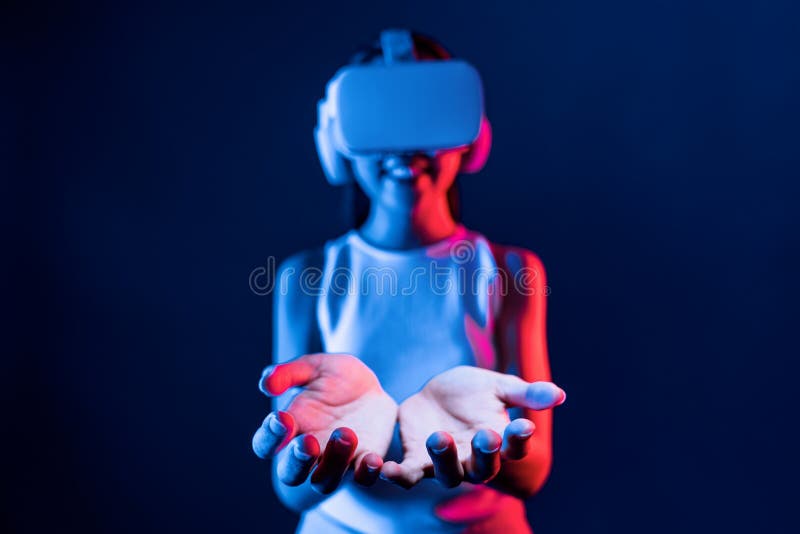 Smart female use both hands interacting generated virtual object. Hallucination. stock photos