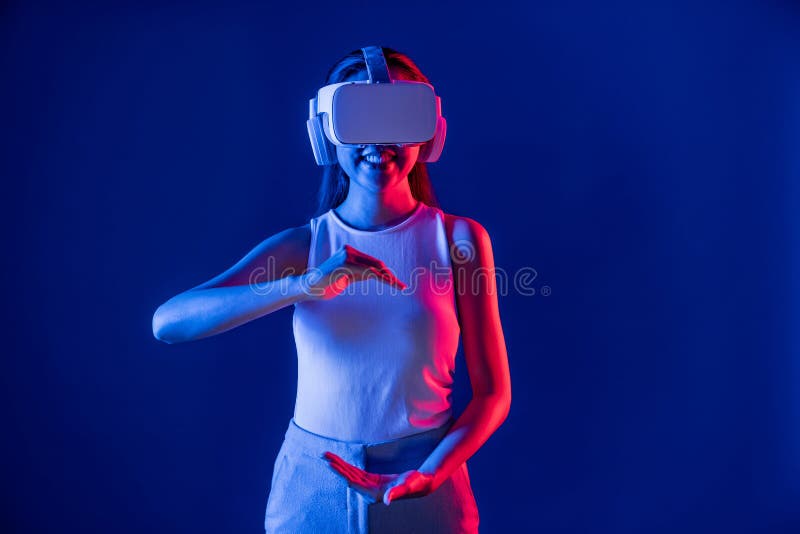 Smart female use both hands interacting generated virtual object. Hallucination. royalty free stock photo