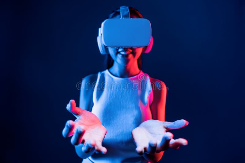 Smart female use both hands interacting generated virtual object. Hallucination. royalty free stock images