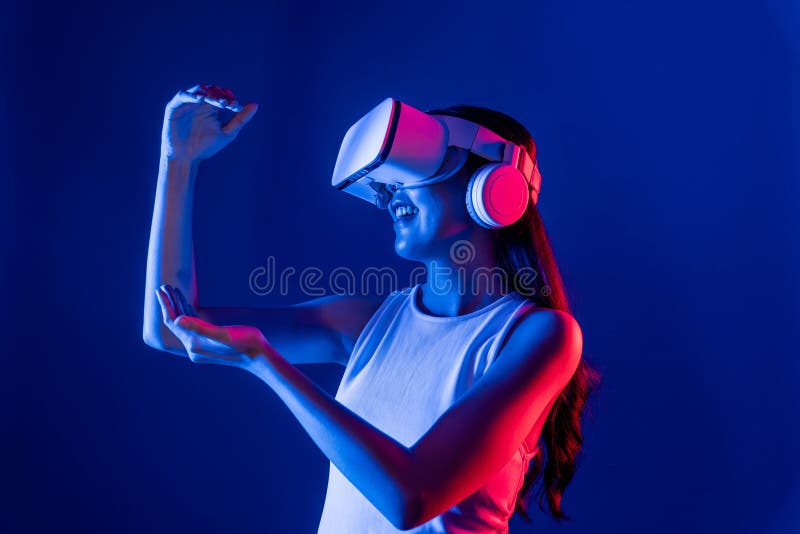 Smart female use both hands interacting generated virtual object. Hallucination. royalty free stock image