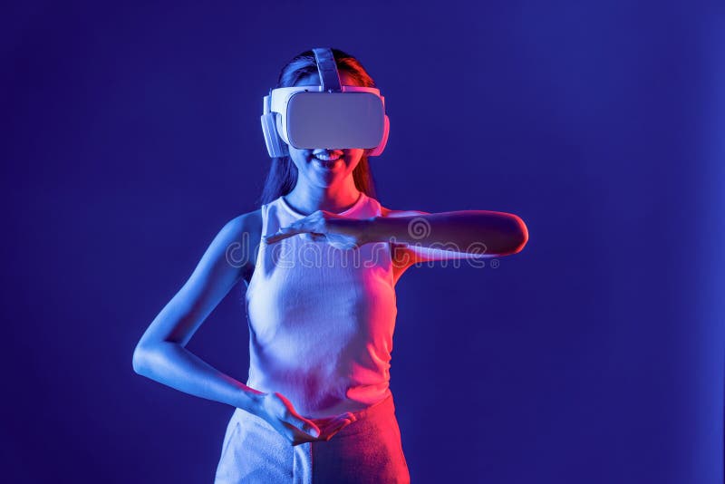 Smart female use both hands interacting generated virtual object. Hallucination. stock photos