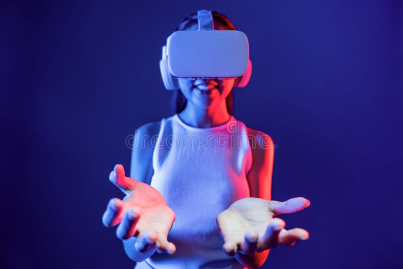 Smart female use both hands interacting generated virtual object. Hallucination. royalty free stock photos