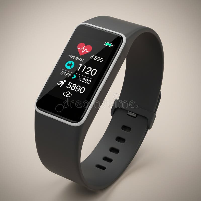 A smart fitness tracker with a sleek rectangular touchscreen display. The screen stock illustration