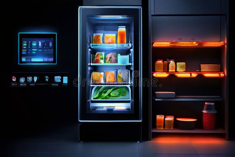 Smart fridgeshow the touchscreen display the camera and the inve vector illustration