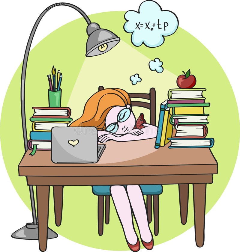 Smart Girl Studying At Night Sleeping On The Desk With Books - Vector Illustration Stock Vector
