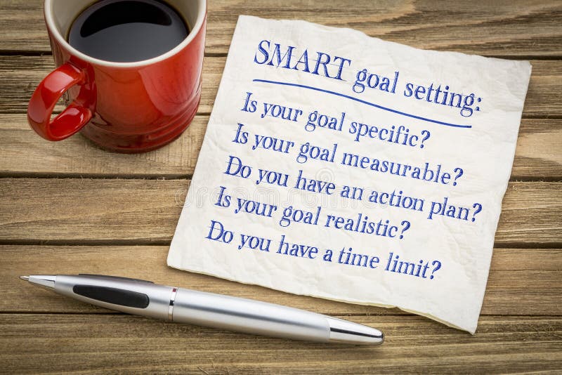 SMART goal setting - napkin concept. Tips and questions on SMART goal setting - handwriting on a napkin with a cup of coffee stock images