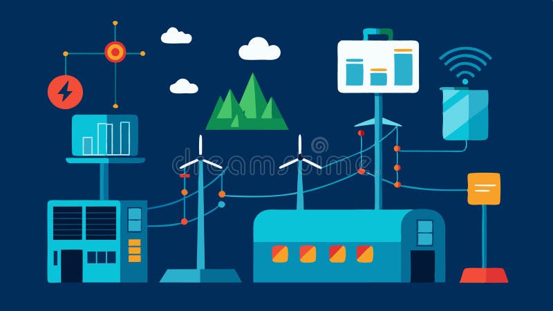 Smart Grid An aerial view of a power grid with stations alongside a digital representation that shows energy consumption vector illustration