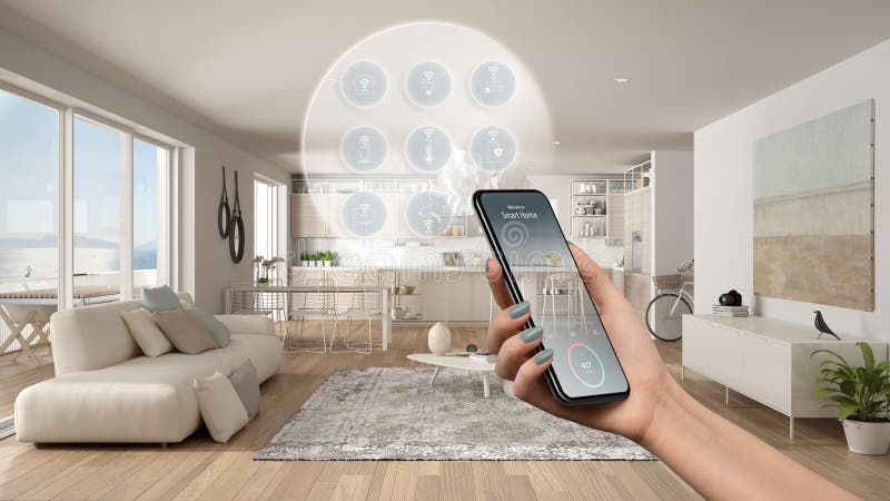 Smart-gränssnitt för hemteknik på telefonapp, ökad verklighet, internet för allt, inredning av modernt kök med arkivbilder