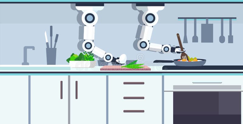 Smart handy chef robot preparing fried eggs in frying pan robotic assistant innovation technology artificial vector illustration Smart handy chef robot preparing fried eggs in frying pan robotic assistant innovation technology artificial vector illustration