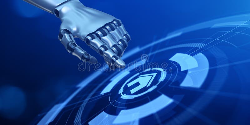 Smart hemautomatisering trådlös kontroll över sakernas Internet. Knappen 3d återgivning med robot-hand. stock illustrationer