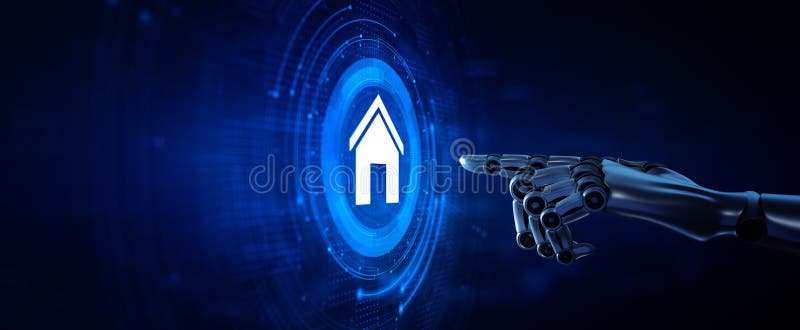 Smart hemautomatisering trådlös kontroll över sakernas Internet. Knappen 3d återgivning med robot-hand. vektor illustrationer