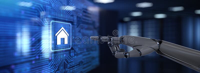 Smart hemautomatisering trådlös kontroll över sakernas Internet. Knappen 3d återgivning med robot-hand vektor illustrationer