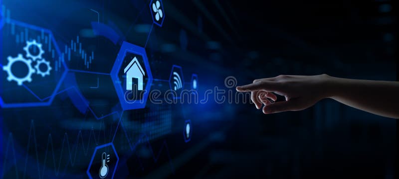Smart hemautomatisering trådlös kontroll över sakernas Internet. tryckknapp stock illustrationer