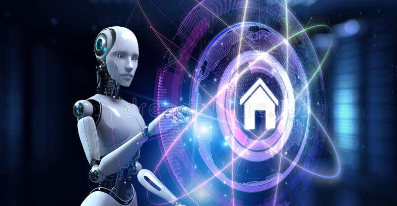 Smart hemautomatiseringsteknik. knapp för att trycka på robot på skärm 3d-rendering stock illustrationer