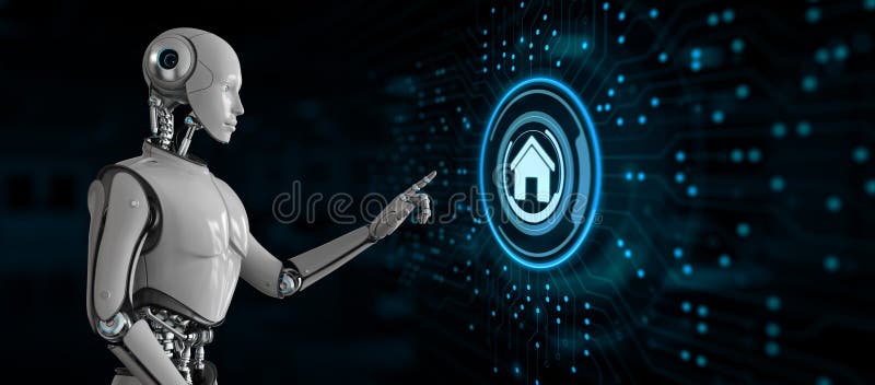 Smart hemautomatiseringsteknik. Knappen för att trycka på robot på skärm 3d-rendering vektor illustrationer