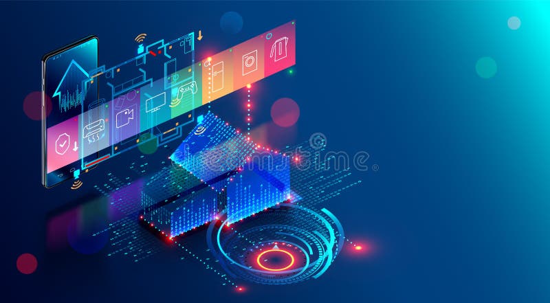 Smart home abstract background. Smartphone app of automation internet of things of intellectual house. System of control royalty free illustration