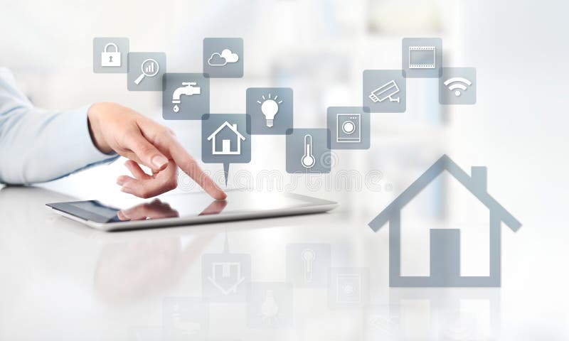 Smart home automation control concept hand touch digital tablet royalty free stock photography