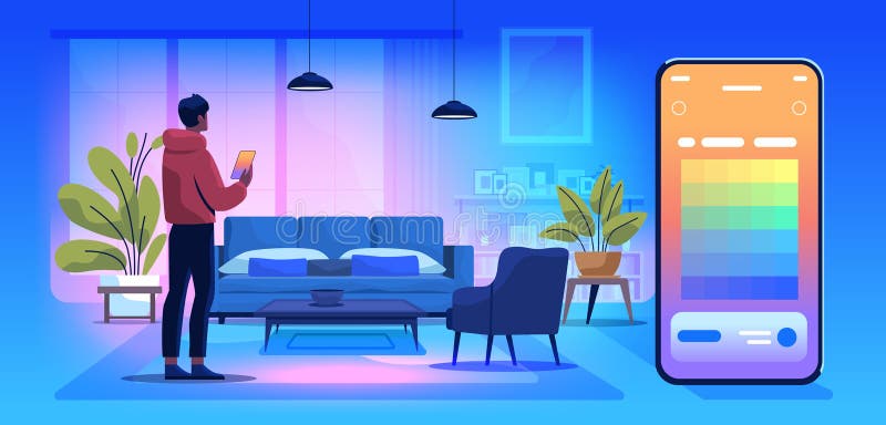 Smart home automation living room control app man using tablet modern interior plants sofa large smartphone interface stock illustration