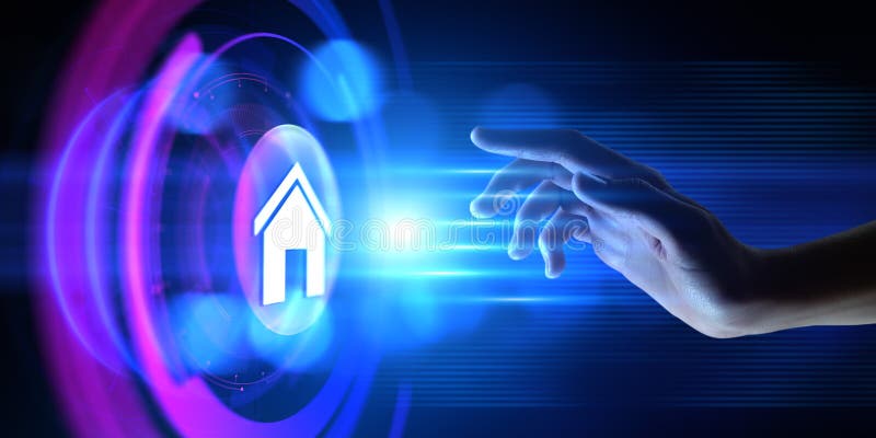 Smart Home Automation trådlös kontroll IOT-internet för sakernas skull. Hand-knapp royaltyfri illustrationer