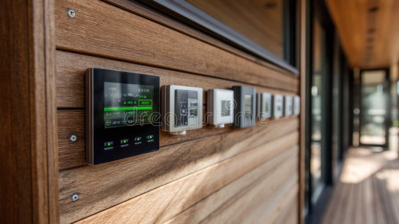 Smart home control panel displaying energy consumption and climate data on wooden wall stock image