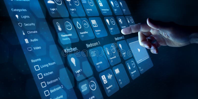 Smart home dashboard interface with person touching a button to control connected devices and set up automation technology. Using smart assistant for wireless accessories on virtual screen HUD. Futuristic virtual screen interface technology stock images, royalty-free photos and pictures