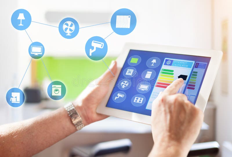 Smart Home Device - House automation home Control concept. Smart home, intelligent house automation remote control technology concept on smart phone / tablet royalty free stock photos Smart Home Device - House automation home Control concept. Smart home, intelligent house automation remote control technology concept on smart phone / tablet royalty free stock photos