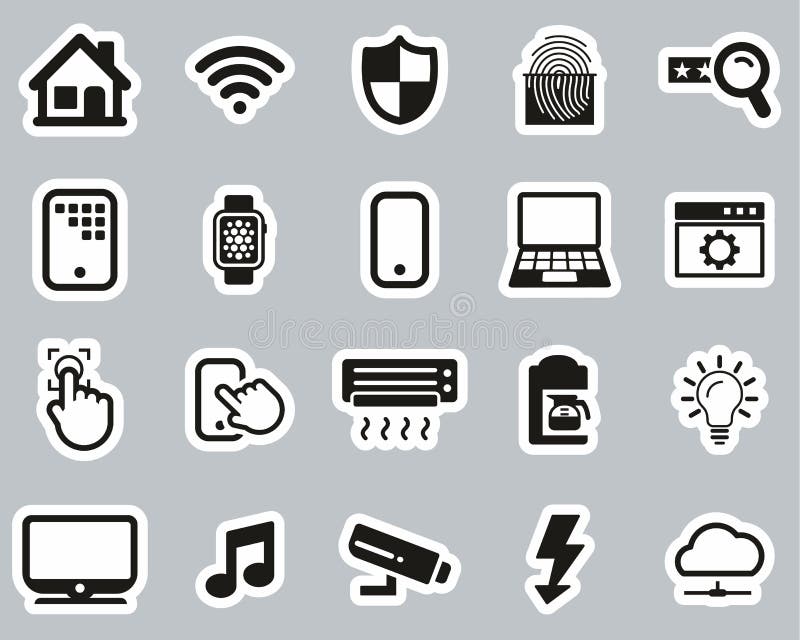 Smart Home or Smart House Icons Black & White Sticker Set Big Stock