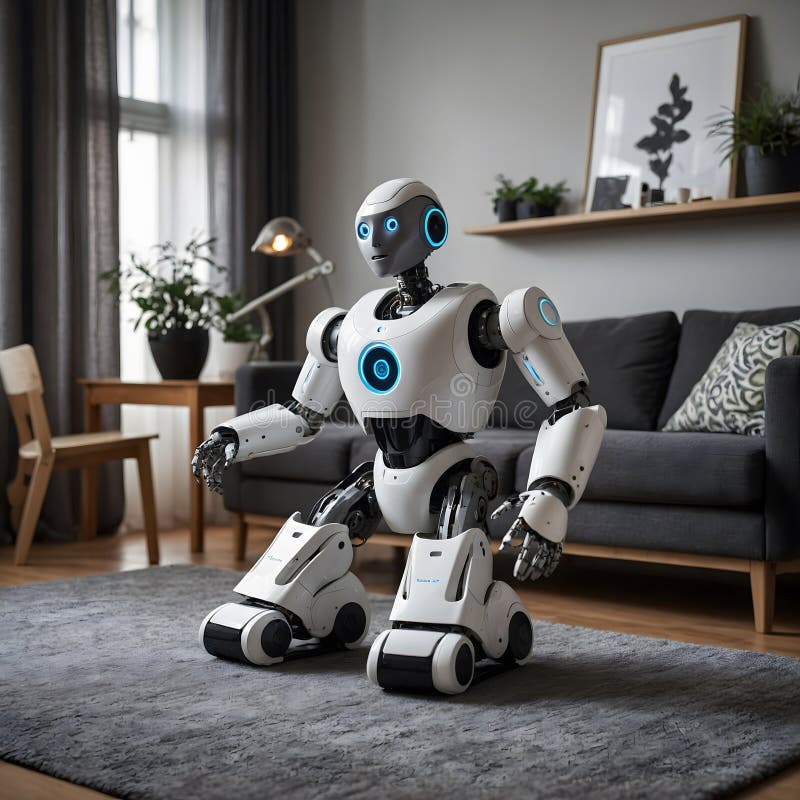 Smart Home with Humanoid Robot Assisting in Household Chores and Daily Activities. A humanoid robot is performing everyday tasks in a home setting, such as cleaning the floors and organizing household items. The robot is equipped with advanced sensors and AI-powered systems, allowing it to interact with smart home devices like thermostats, lights, and voice-controlled assistants. The background features a modern, tech-savvy home with smart devices seamlessly integrated into the