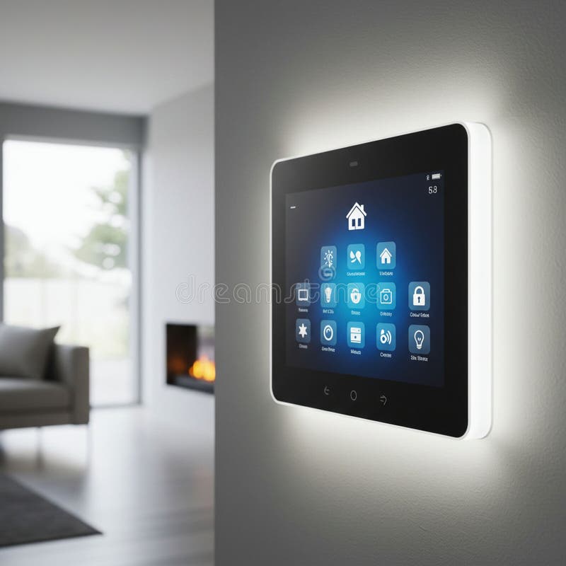 Smart home interface on a wall-mounted touchscreen displaying various control icons stock illustration
