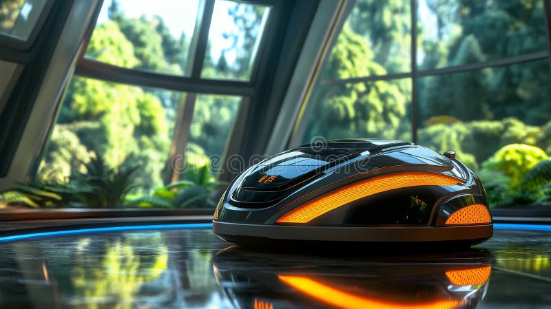 A smart home robot sits on a coffee table in a contemporary living room. stock photography