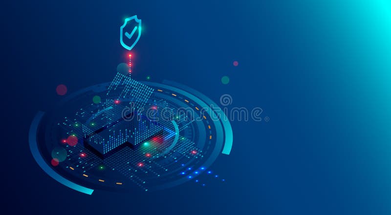 Smart Home Security System concept background. Protection software of IOT or internet of things. Cyber security of house devices. royalty free illustration